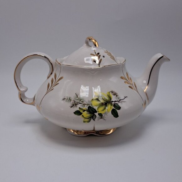 Ellgreave Wood & Sons England Yellow Floral Gold Accented Teapot Ironstone - Picture 1 of 13
